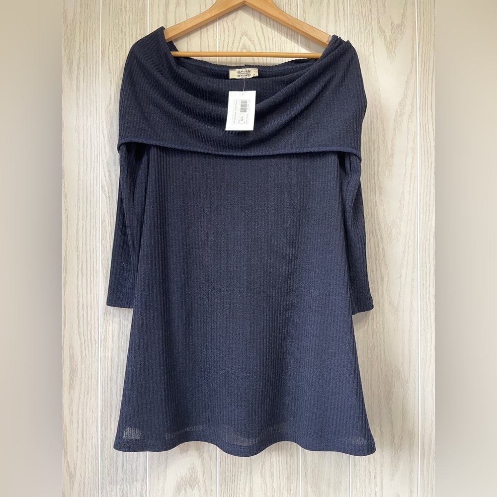 Anything Bling Boutique Navy Blue off the shoulder or Hoodie Tunic Size M NWT